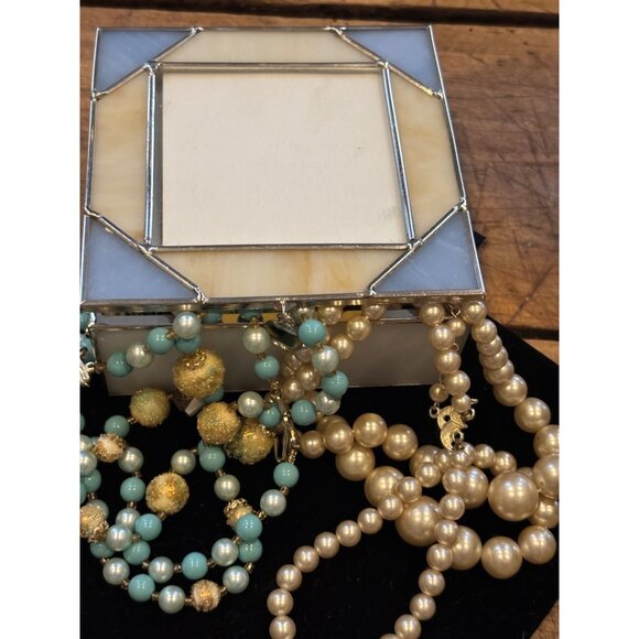 Elegant Glass & Metal Jewelry Box With signed Japan Beaded Necklace set of two p - Picture 10 of 16